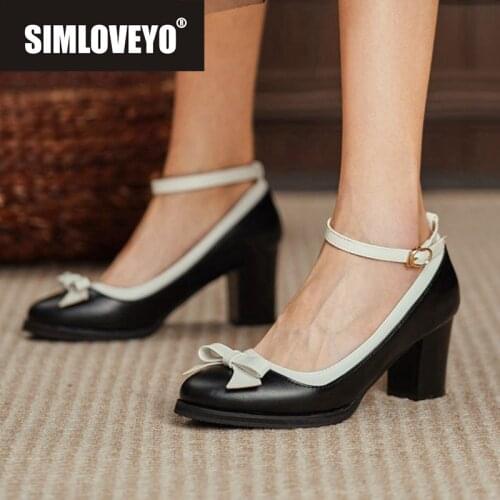 SIMLOVEYO New 2021 Women Pumps Round Toe 7cm Block Heels Buckle Platform Bowtie Elegent Stylish Patchwork Big Size 43 A3810