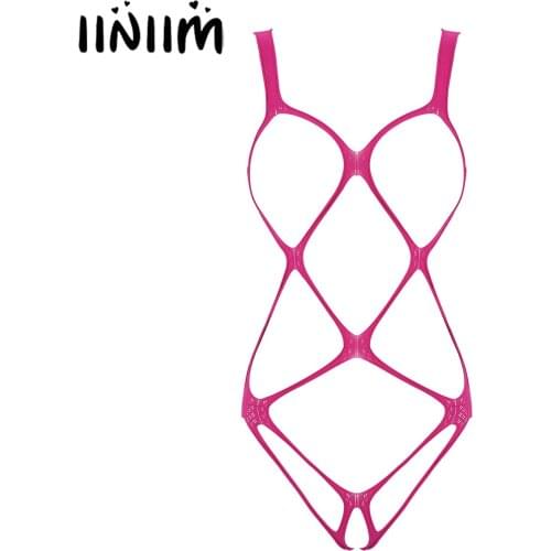 Iiniim Womens Femme One-piece Erotic Hollow Out Fishnet Bodystockings Lingerie Teddies See-through Stretchy Bodysuits Nightwear