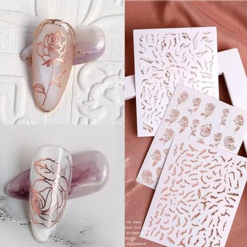 1pc Rose gold Nail Sticker Rose Flowers 3D Nail Slider Decals Laser Butterfly Nail Art Stickers Manicure Decorations