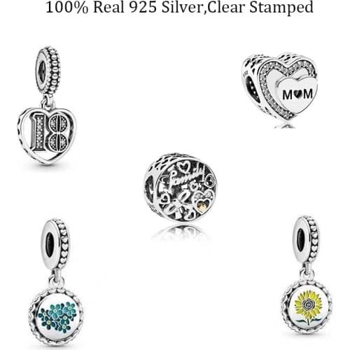 Real 925 Sterling Silver Flower Dangles Mom Heart Charms Family Beads Fits Original Bracelets Bangles Female Jewelry DIY Making