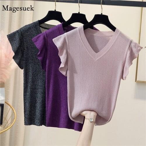 Plus Size Fashion V-neck Knitted Tank Top XL-4XL Women Lotus Sleeve Loose Vest 2021 Summer Bright Yarn Thin blouse Blusas 13633