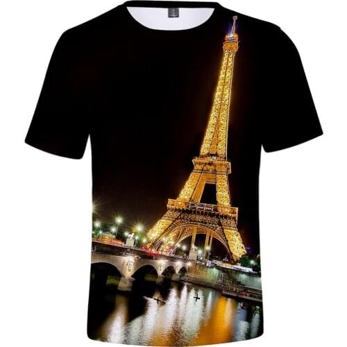 Hot Sale Latest Summer Fashion Night View Eiffel Tower 3d T Shirts Print Men Women T-shirt Casual Short Sleeve 3D Tee Shirt