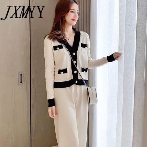 JXMYY Womens Early Autumn New Cardigan Sweater Western Style Wide-Leg Pants Fashion Two-Piece Net Red