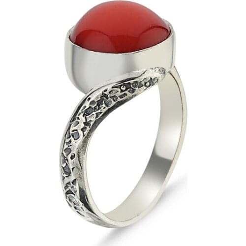 Silver 925 Sterling Coral Stone Handwork Ring