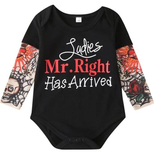 Newborn infant baby jumpsuit 0-24M Ladies Mr Right Has Arrived letter printed tattoo sleeve baby rompers