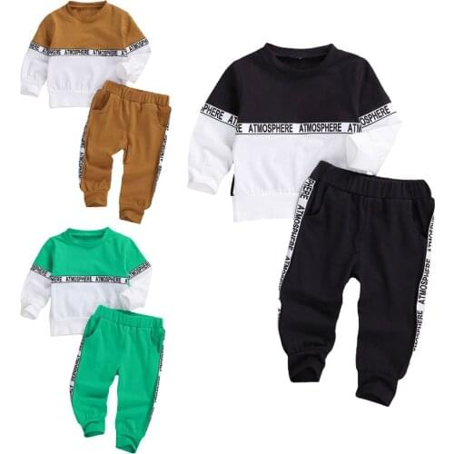 1-4Years Baby Boys 2pcs Long-sleeved Suit Stitching Round Neck T-shirt and Solid Color Elastic Long Pants Outfits