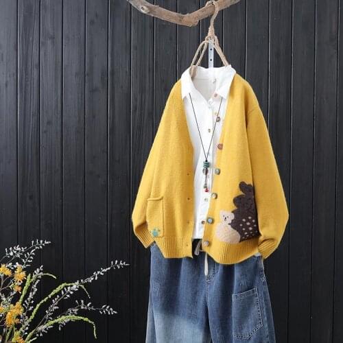 Fashion Korean Autumn Women Sweater Cardigan All-Match Coat Sweater Loose Pocket Cartoon Ladies Casual Loose Top TT0036