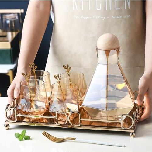 Creative Octagonal Crystal Glass Cup Set with Water Bottle Spoon Tray Amber Juice Coffee Mugs Home Decoration Housewarming Gift