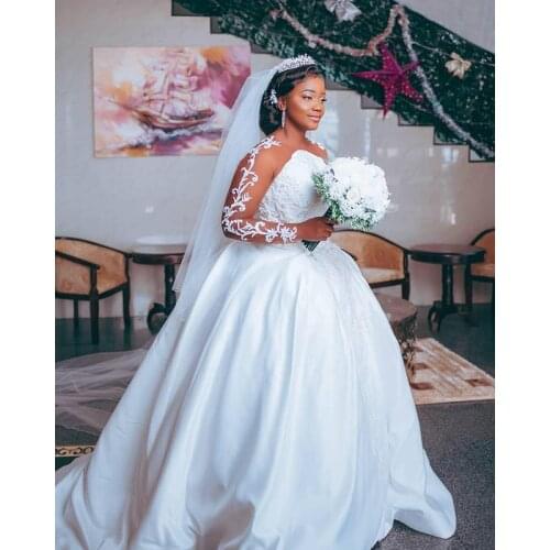 Plus Size Arabic Cheap Sexy Lace Wedding Dresses Sheer Neck Custom Made Bridal Dresses Long Sleeves