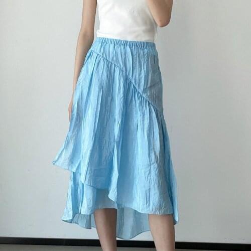 New Design Sense of Pressure Wrinkle Stitching Layered Elastic Waist Skirts