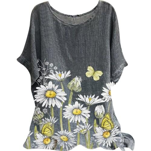 Daisy Print O Neck Women Blouses Summer 2021 Cotton Linen Loose Short Sleeve Shirt Women Elegant Plus Size Tops Blusas Feminina