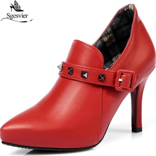 Sgesvier Female Zip Pointed Toe High Heels Womens Sexy Black Offer Autumn Rubber Ankle Boots Ladies Solid Rivet Botas OX532