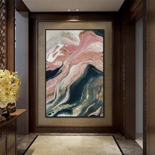 Nordic Abstract Canvas Painting Poster Pink Gold Dark Green Marble Pattern Printing Wall Art for Living Room Bedroom Home Decor