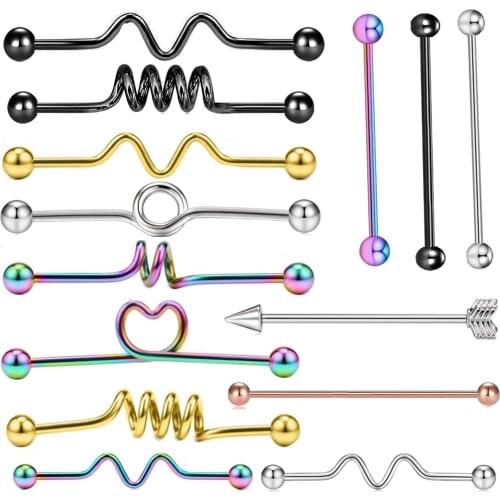 TIANCIFBYJS 14G Surgical Steel Industrial Barbell Earrings Heart Screw Ball Cartilage Helix Ear Piercing Body Jewelry 100pcs