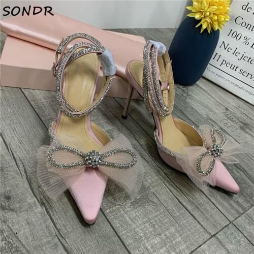 2021 Women Crystal Bowtie Wedding High Heels Pumps Fashion Lace Rhinestone Pointed Toe Woman Pumps Ladies Pink Strap Party Shoes