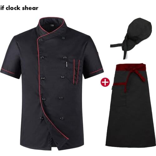Short Sleeve Chef kitchen clothes Restaurant Hotel Workwear unisex chef uniform Breathable Thin Jacket + Hat + Apron black shirt