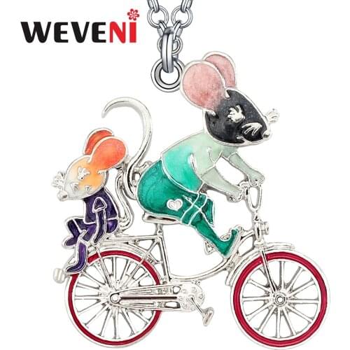 WEVENI Enamel Alloy Floral Cute Bicycle Cycling Rat Necklace Pendant Long Fashion Charm Animals Jewelry Gifts For Women Girls