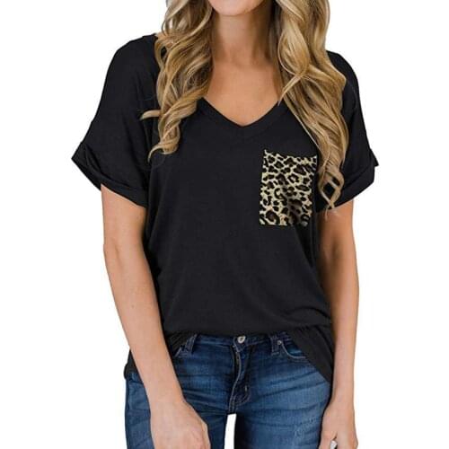Leopard Patchwork Women Loose Casual Short Tshirt Roll Tab Sleeved Summer Cotton Tees Black V-Neck Simple Shirts Camiseta Mujer