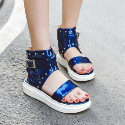 PXELENA Cool Street Punk Rock Gothic Rivet Sandals Women Flat Platform Gladiator Sandals Buckle Zip Summer Shoes Plus Size 34-43