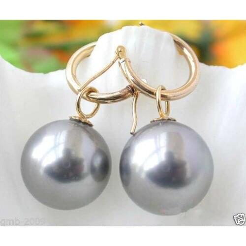 Womens Hair full wigs 14mm Tahitian Gray South Sea Shell Pearl Dangle Earring ^^@^Noble style Natural Fine jewe FREE