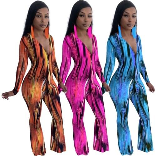 Fashion Striped Print Women Jumpsuits Deep V- Neck Slimming Waist Long Sleeves Bodycon Flare Pants Nightclub Rompers 3 Colors