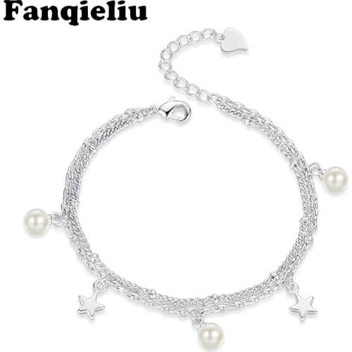 Fanqieliu Double Chain Adjustable Chains Bracelet Star Charming Pearl 925 Sterling Silver Bracelets For Women Pulsera FQL20320