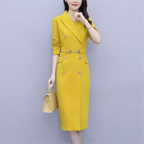 Women 2021 Spring Autumn Elegant Office OL Pencil Dress Female Double-breasted Midi Dresses Business Work Bodycon Vestidos Z335