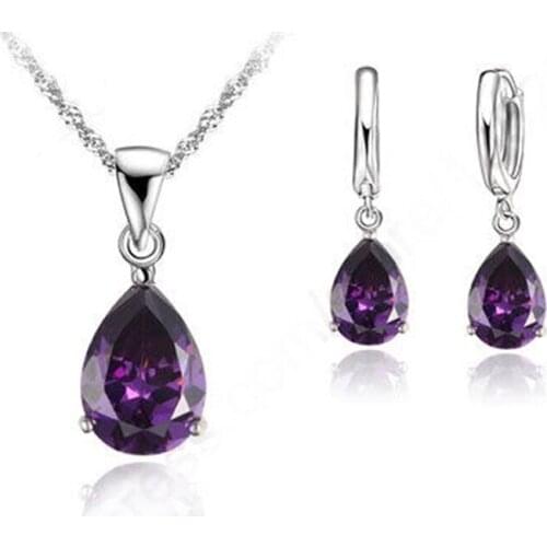 Fast Ship Romantic 925 Sterling Silver Jewelry Sets Chain Cubic Zirconia CZ Pendant Hoop Earring Necklace
