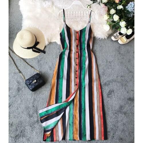 Womens summer vintage sleeveless backless striped chiffon dress female casual medium long chic beach vacation dress TB1202