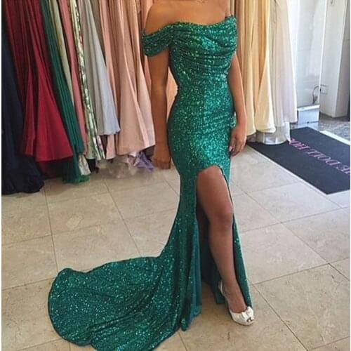 2020 Sexy Off the Shoulder Long Bridesmaid Gowns Sequins Party Gown with split Vestido De Festa Long Party Dress