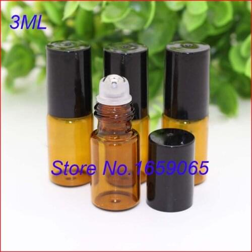 3ml roll on glass/SS roller perfume atomizer sample bottles essential oils roll-on refillable deodorant containers w black lid