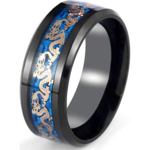 8mm Stylish Men Stainless Steel Ring Classic Carbon Fiber Dragon Inlay Ring for Men Anniversary Jewelry Wedding Jewelry