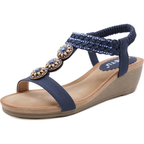 Bohemian Style Bead Rhinestone Wedge Sandals Women Casual High Heels Summer Shoes 2021 Sweet Girls Slip on Comfort Beach Sandals