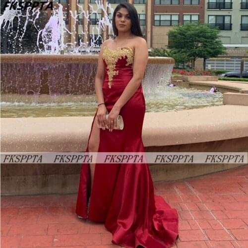 Burgundy 2021 Mermaid Prom Dress Corset High Slit God Lace Satin Plus Size Long Formal Party Gowns Prom Robe De Soiree