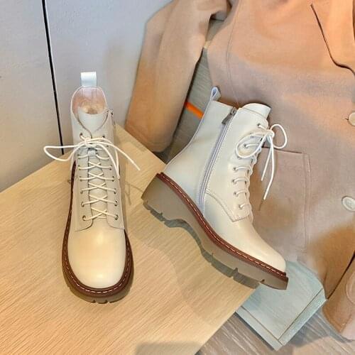 Genuine Leather Ankle Boots Women Autumn Winter Lady Square Heels Shoes Woman Lambs Wool Black Beige Motorcycle Boots