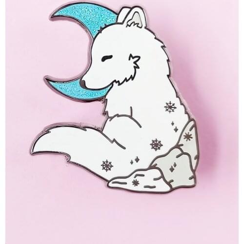 Cute Glitter Moon and Arctic Fox Hard Enamel Pin Kawaii Cartoon Snow Mountain White Fox Animal Brooch Fashion Jewelry Gift
