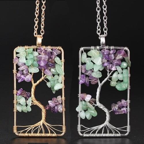 Natural Purple Quartz Stone Pendants Handmade Gold Color Tree of Life Shaped Crystal Pendant Necklace Chain for Women Jewelry