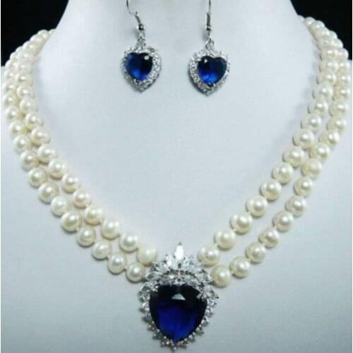 Brand New High Quality Fashion Picture 7-8mm Natural White Pearl Blue Crystal Pendant Necklace + Earrings Set Jew