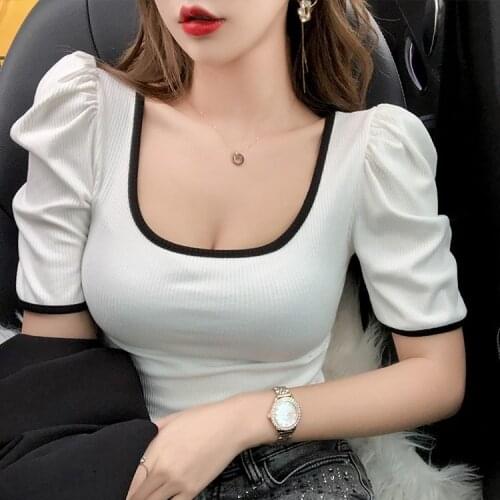 Woman TShirts Color Matching Knitted T-shirt Short Sleeve Summer Square Collar Short Top Crop Top Mujer Camisetas