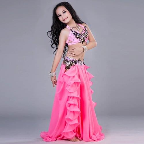 Customize Upscale ChildrenS Belly Dance Costume Girls Spandex Chiffon Fabric Competition Dancing Suit Tops+Skirt 2 Pieces/ Set