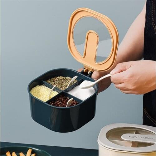 Seasoning Box Salt Pot Saucer Sugar Jar 4 Girds Square with Cover Monosoadium Glutamate Kitchen Storage Herb Spice Tools