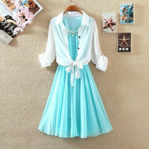 Summer Women Casual Long Sleeve Chiffon Blouse Top + Sleeveless Vest Dress Slim 2 Piece Sets Female Plus Size Lady Suits Q54