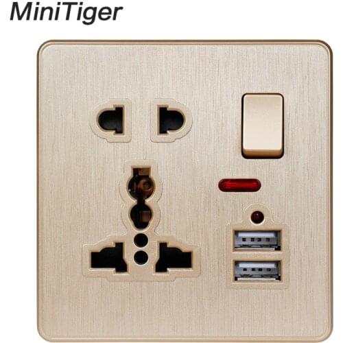 Minitiger Gold Color Wall Power Socket 13A Universal 5 Hole Switched Outlet 2.1A Dual USB Charger Port LED indicator