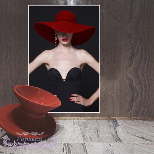 Fashion Modern Woman Red Hat Canvas Painting Wall Art Print Poster Decorative Picture for Living Room Home Decoration