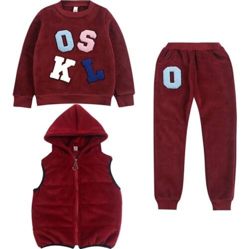 Girl letter embroidery fashion three-piece Girl gold velvet thick warm suit Girl Thicken Vest T-Shirt Pants Set