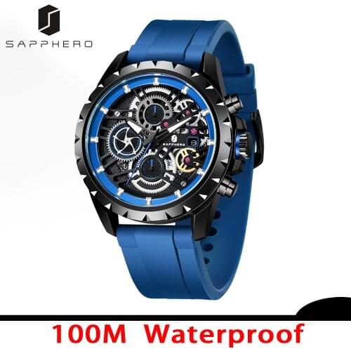 SAPPHERO Men Watch Waterproof 10ATM Silicone Strap Japanese Quartz Movement Wristwatch Advanced Luxury Sport Classic Chronograph