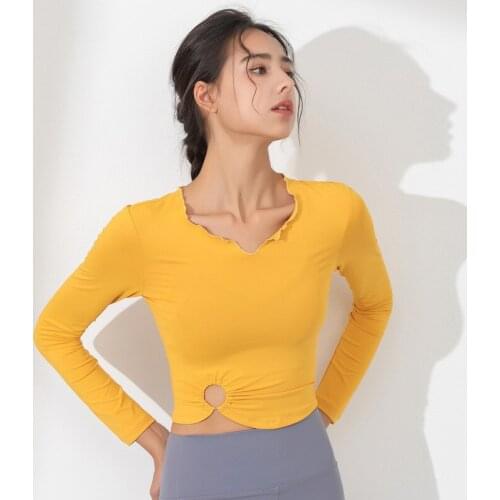 Autumn Winter Yoga Short Crop Top Women Slim Fitness Gym Shirt Vneck Full Sleeve