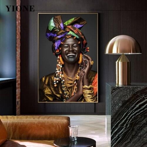 Smiling Rich Black Woman Canvas Poster Custom African Women with Kerchief Picture Prints Wall Art Modern Figure Painting Decor