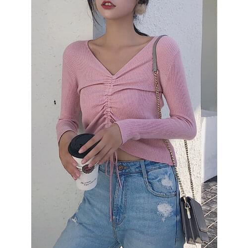 AOSSVIAO Sexy lace up knitting pullover top Fashion autumn winter sweater women Chic pink V-neck knit slim jumper pull femme