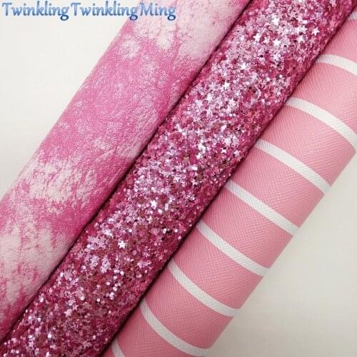 PINK Glitter Fabric, Metallic Faux Fabric, Stripes Synthetic Leather Fabric Sheets For Bow A4 21x29CM Twinkling Ming XM850